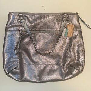 Used Coach Metallic Silver Tote Bag w/ Teal Blue Lining